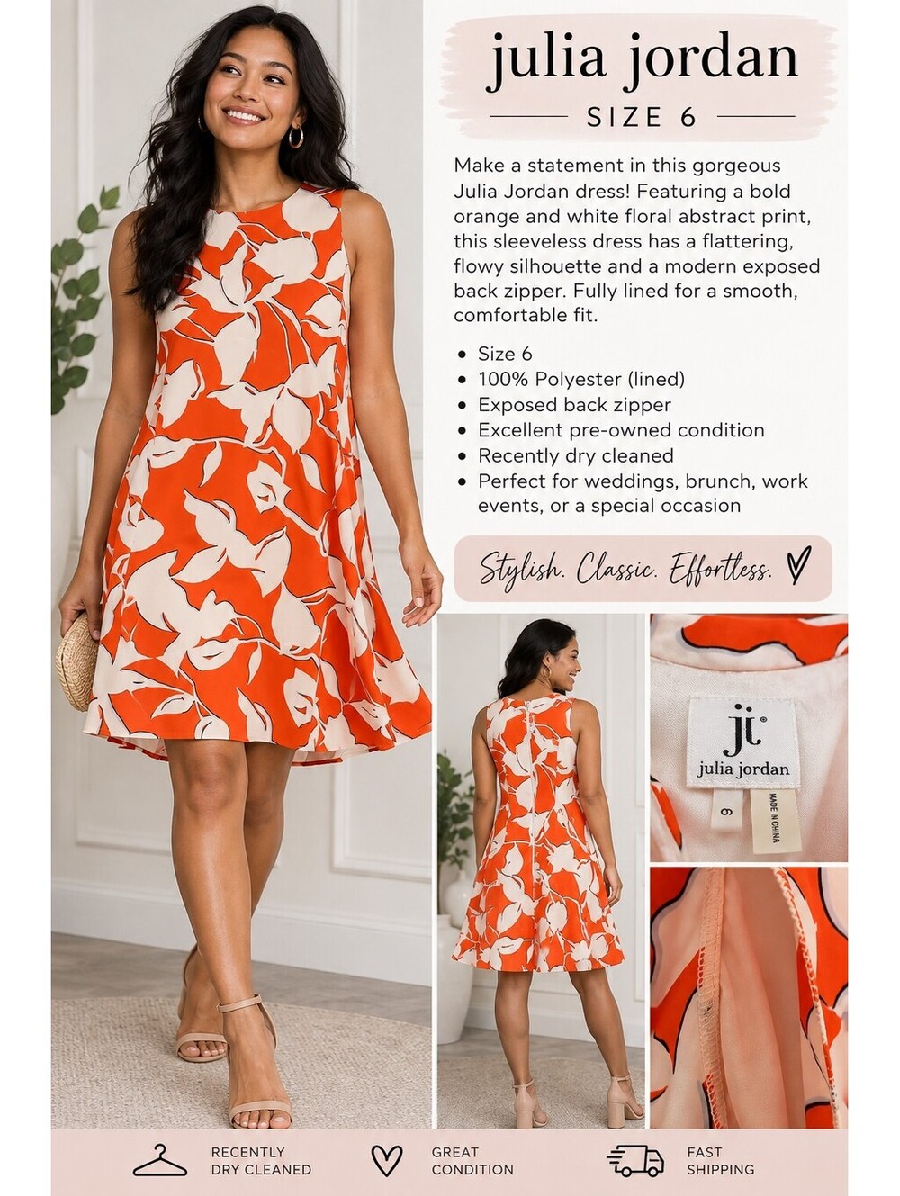 Julia Jordan 6 Orange White Floral Sleeveless Dress